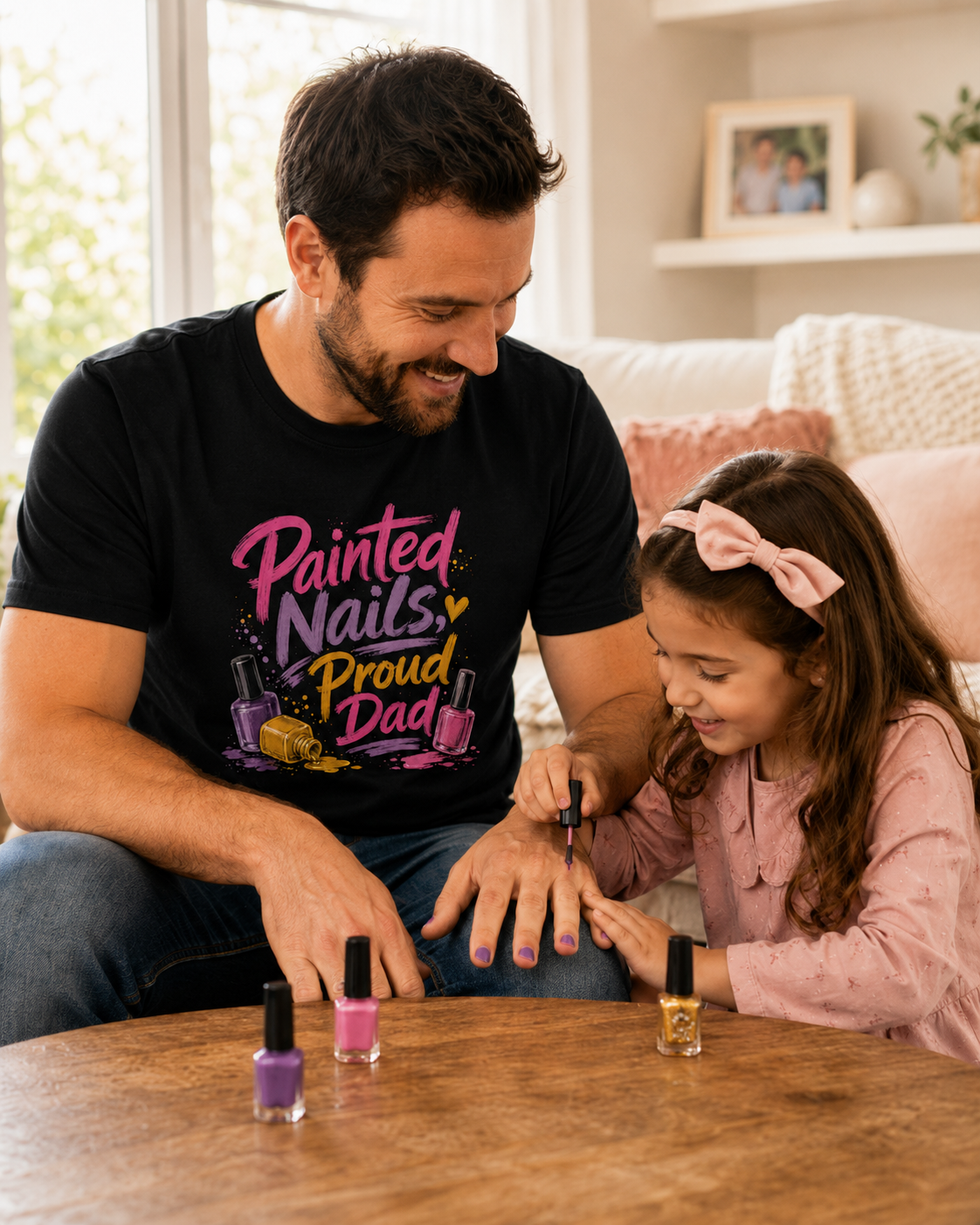 Man and young girl playing with nail polish at a table in a home setting. the man wears a tee shirt that reads "Painted Nails, Proud Dad"