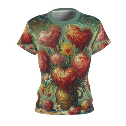 Impressionistic Heart Flowers AOP Shirt – Van Gogh Inspired Design styled on a model, showcasing swirling heart flowers with expressive brushwork inspired by Van Gogh.