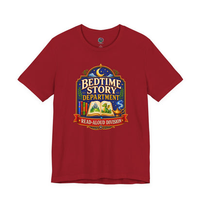 Bedtime Story Department T-Shirt – Read-Aloud Parent Tee on canvas red for the grown-up in charge of cozy bedtime stories.