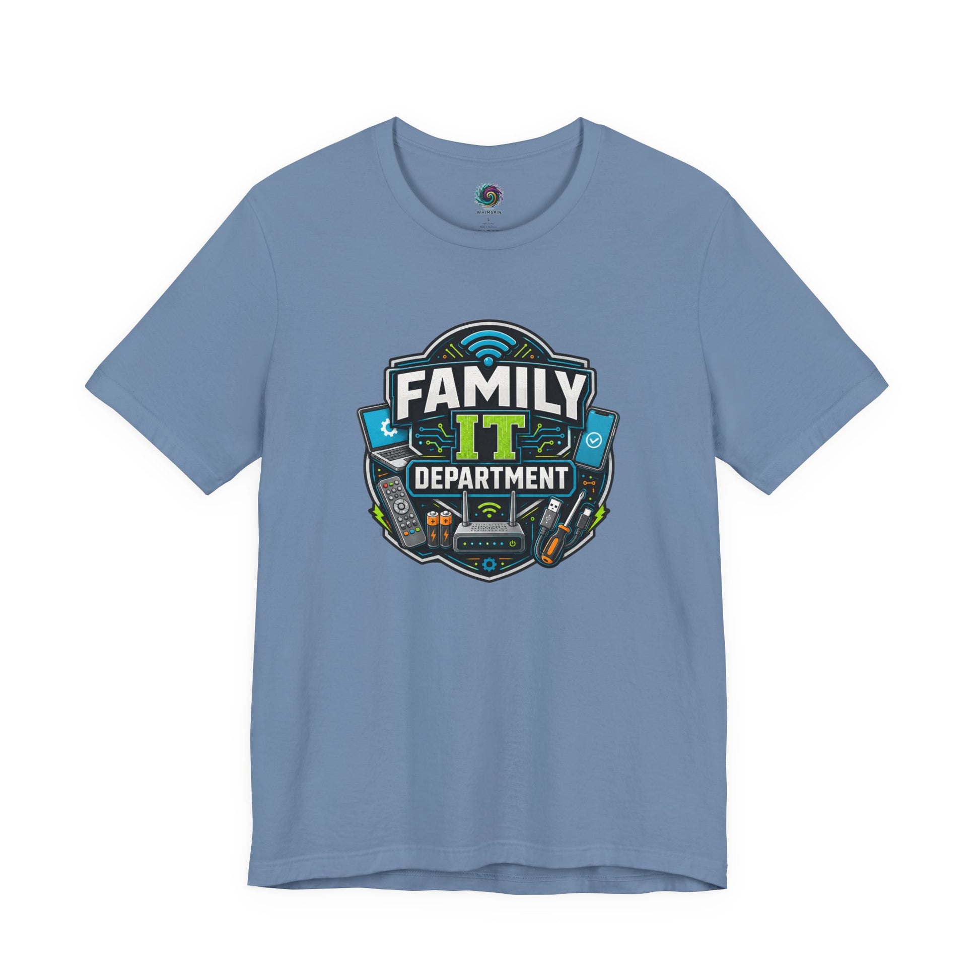 Family IT Department T-Shirt – Funny Household Tech Support Tee on steel blue with a witty family help desk design.