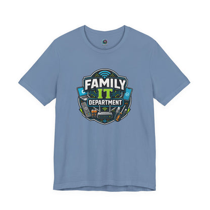 Family IT Department T-Shirt – Funny Household Tech Support Tee on steel blue with a witty family help desk design.