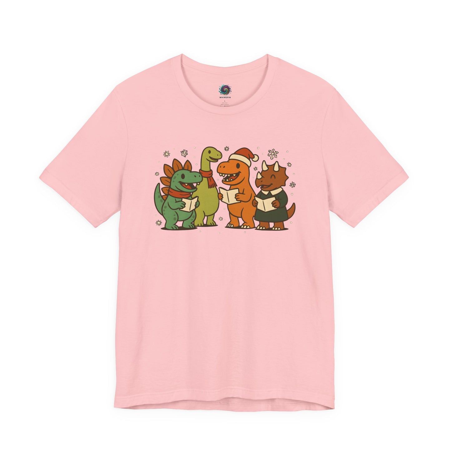 Dinosaur Carolers T-Shirt – Cute Dino Christmas Singing Tee in pink with dino quartet spreading festive cheer