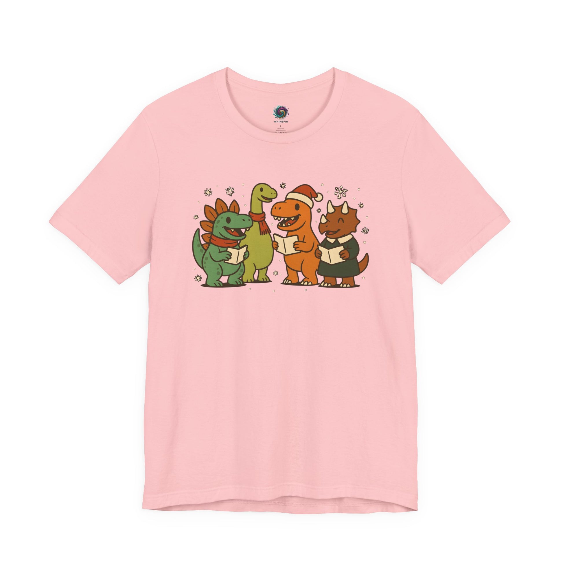 Dinosaur Carolers T-Shirt – Cute Dino Christmas Singing Tee in pink with dino quartet spreading festive cheer