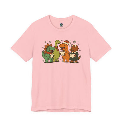 Dinosaur Carolers T-Shirt – Cute Dino Christmas Singing Tee in pink with dino quartet spreading festive cheer