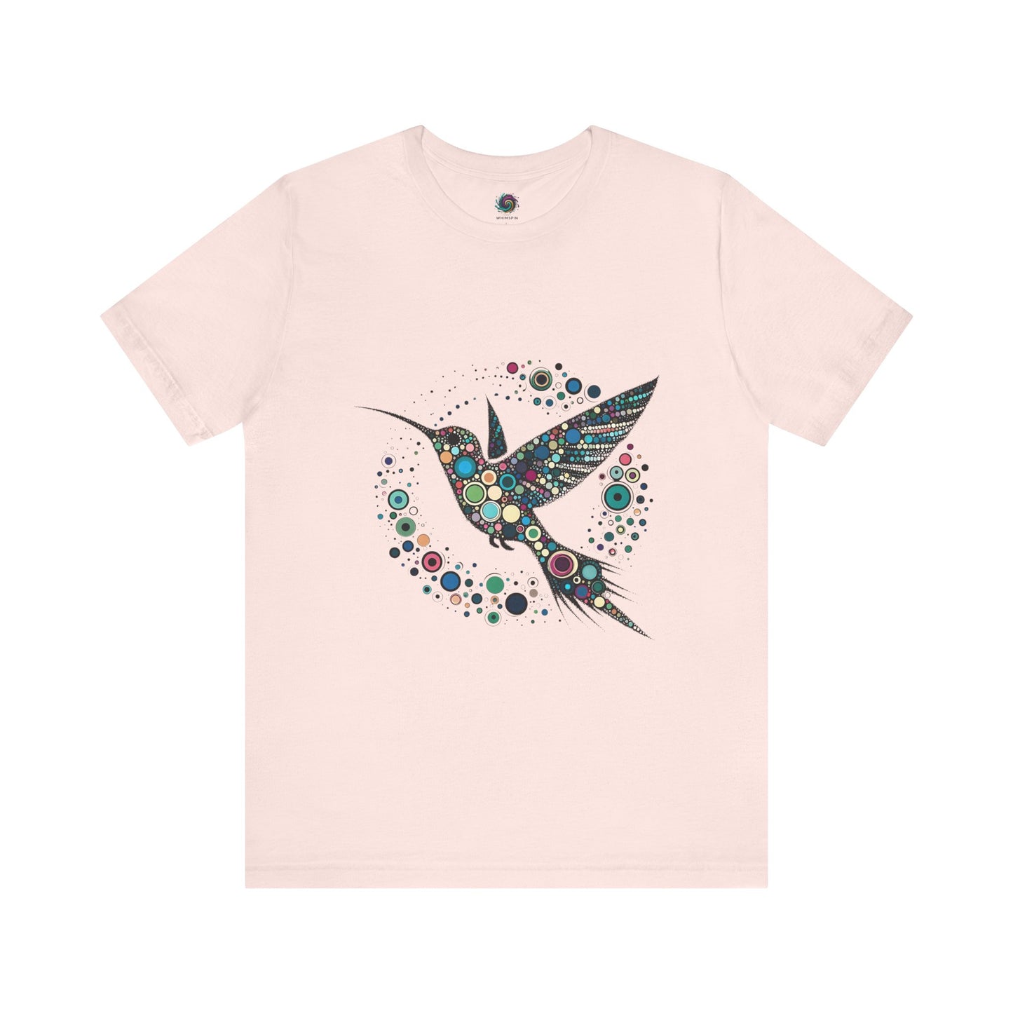 Hummingbird Dot Art T-Shirt – Colorful Nature-Inspired Graphic Tee in gentle pink, showing off the dotted hummingbird design for a fresh feminine take on a hummingbird t shirt.
