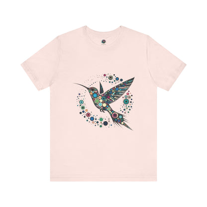 Hummingbird Dot Art T-Shirt – Colorful Nature-Inspired Graphic Tee in gentle pink, showing off the dotted hummingbird design for a fresh feminine take on a hummingbird t shirt.