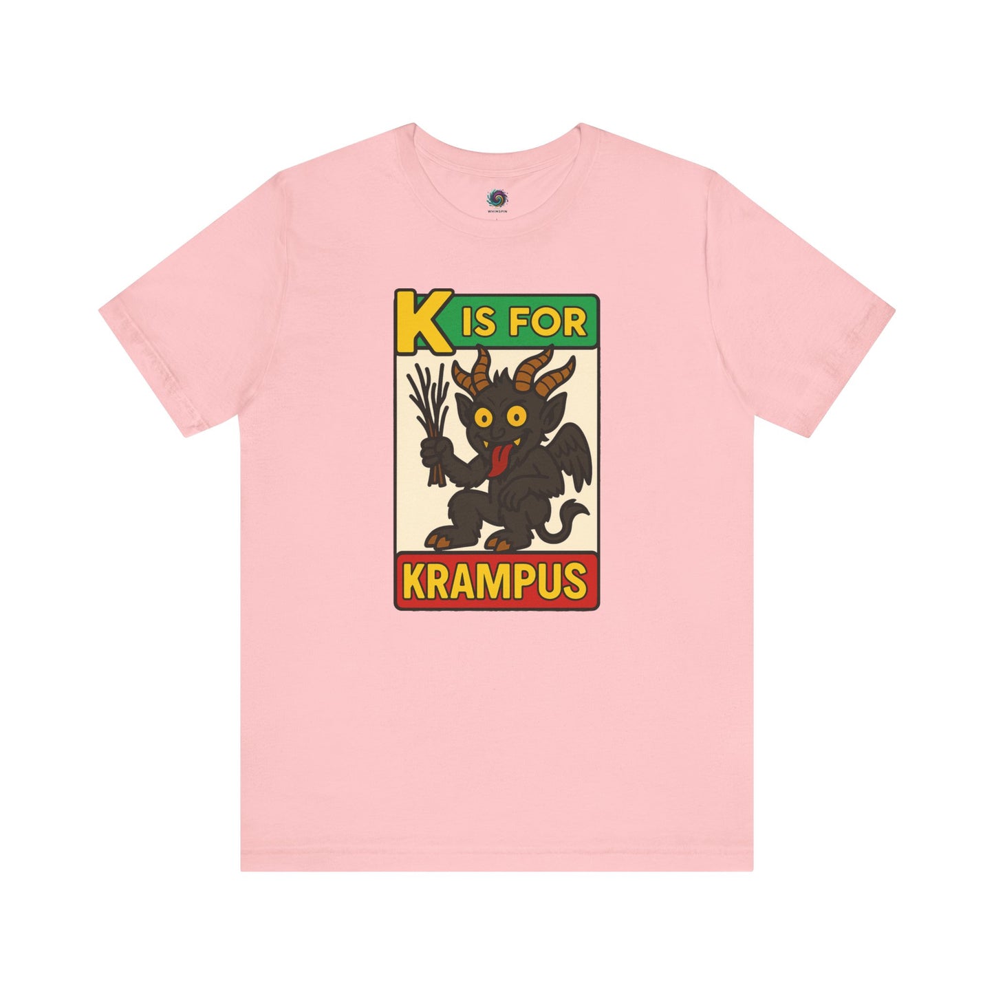 K is for Krampus Alphabet Holiday Graphic T-Shirt in Pink flat lay with cartoon Krampus and Christmas humor