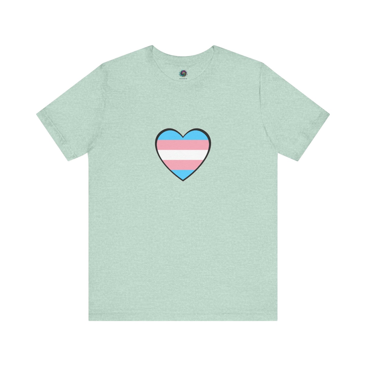 Transgender Pride Flag Heart T-Shirt – LGBTQ+ Trans Flag Graphic Tee in heather prism mint with a gentle pastel palette and prominent transgender heart graphic.