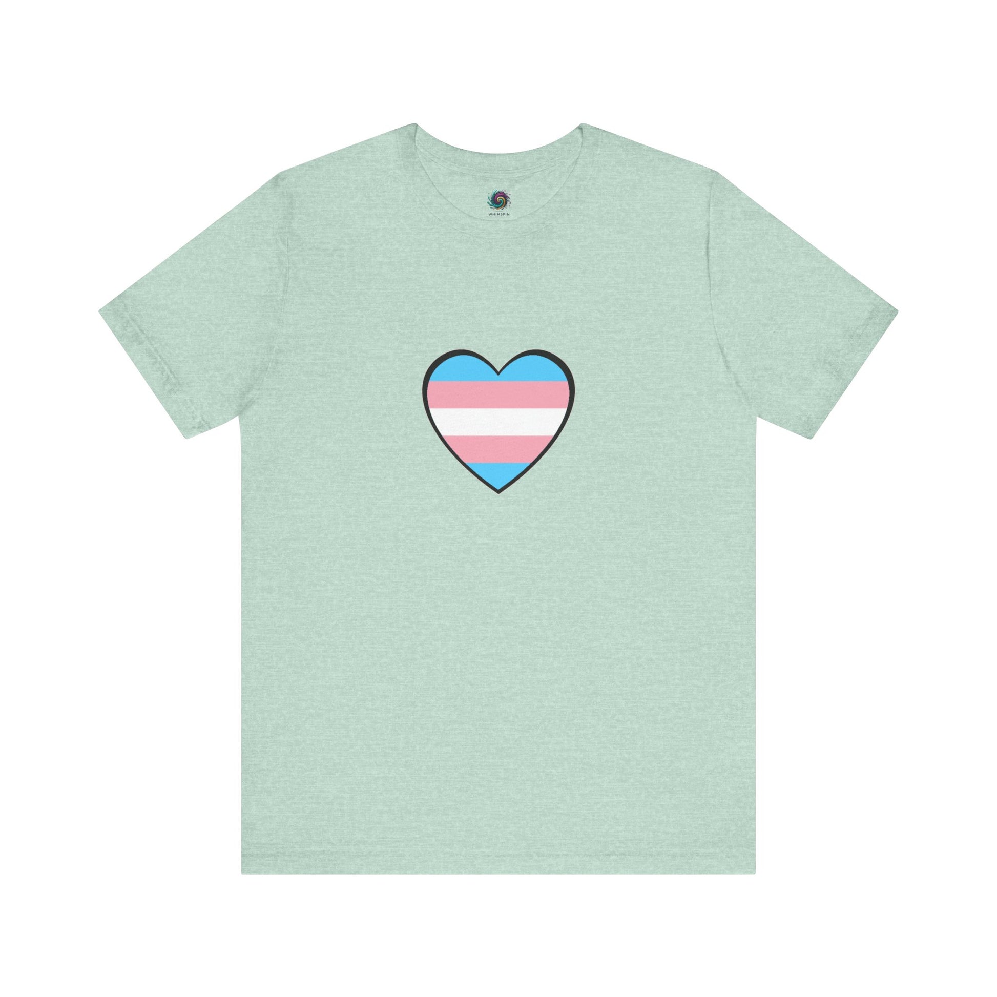 Transgender Pride Flag Heart T-Shirt – LGBTQ+ Trans Flag Graphic Tee in heather prism mint with a gentle pastel palette and prominent transgender heart graphic.