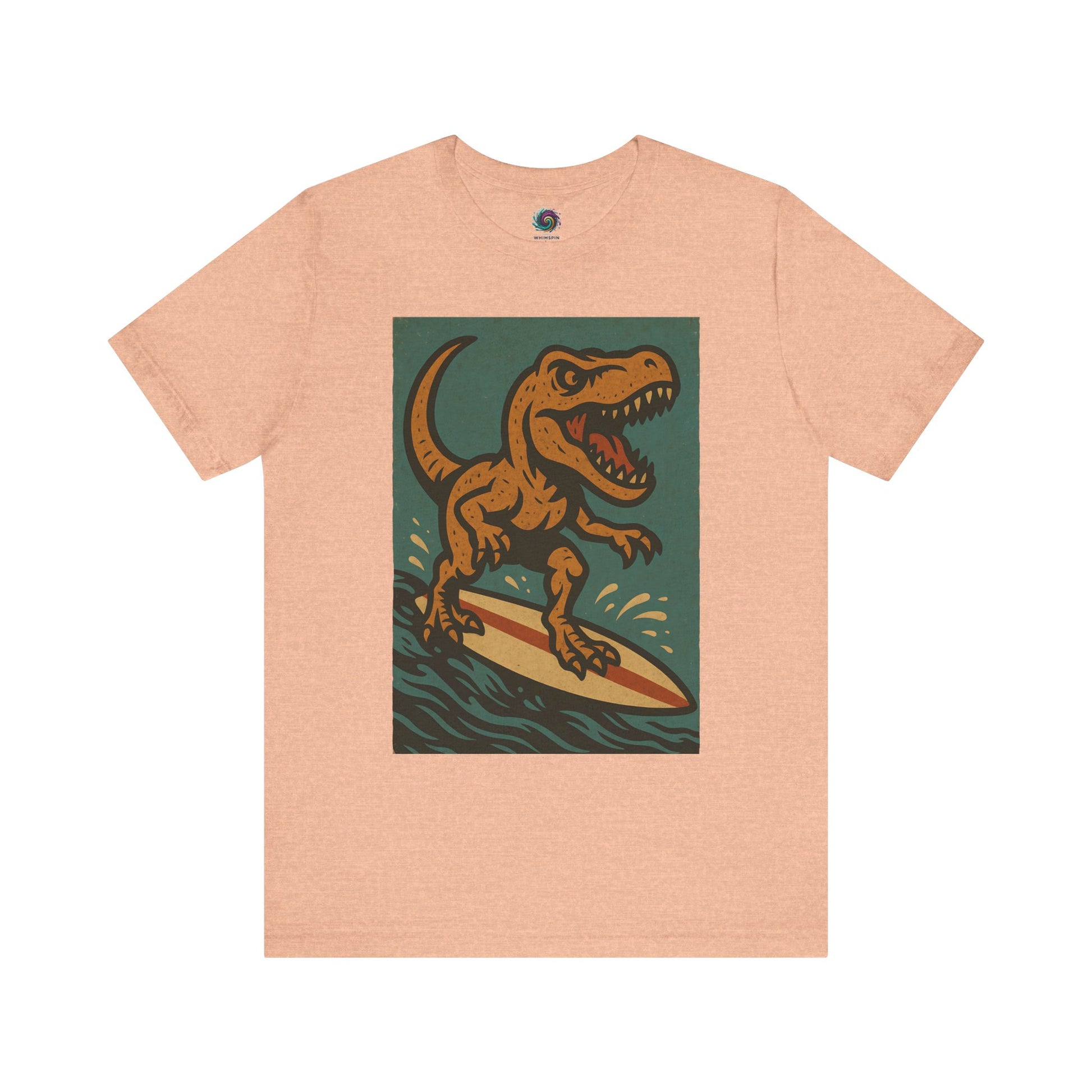 Peach Surfing t-rex t shirt  from WhimSpin- A rearing t Rex riding a yellow surf board on the waves