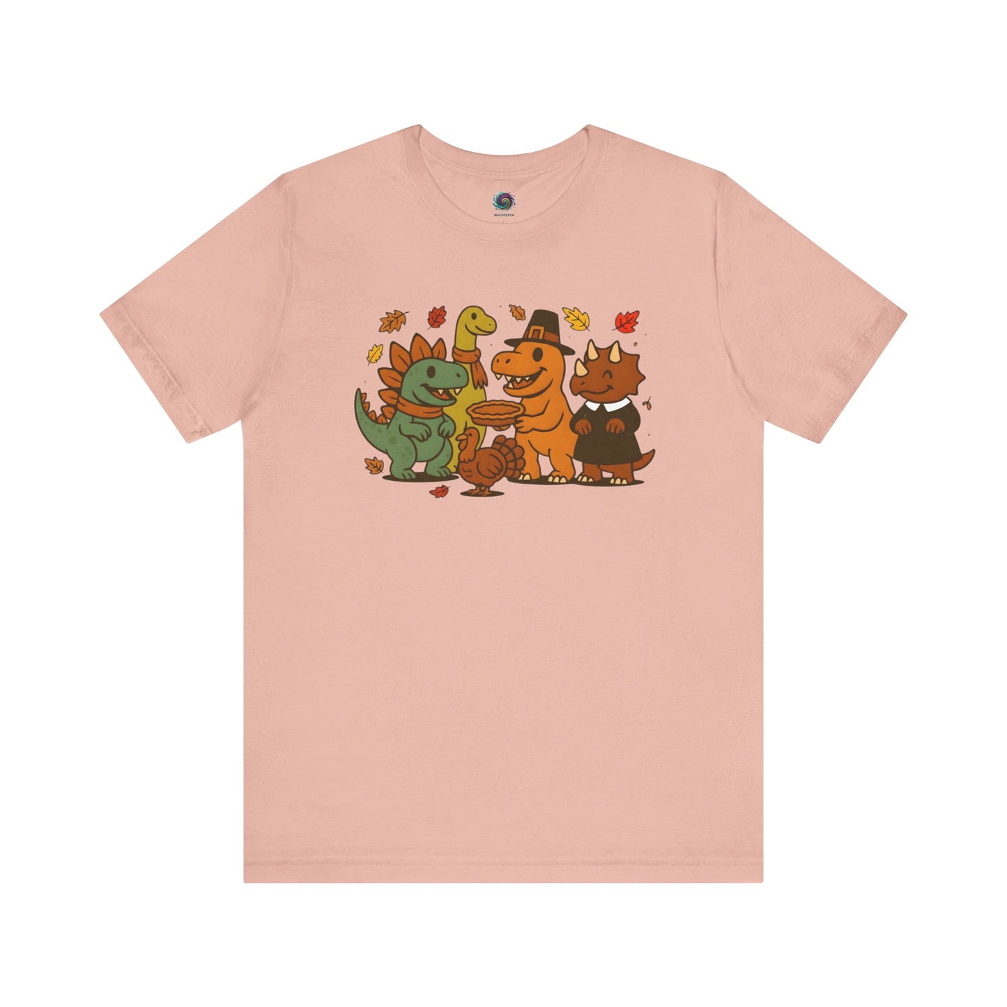 Thanksgiving Dinosaur T-Shirt – Funny Dino Thanksgiving Tee in light peach, featuring festive dinosaurs enjoying Thanksgiving pie and turkey.