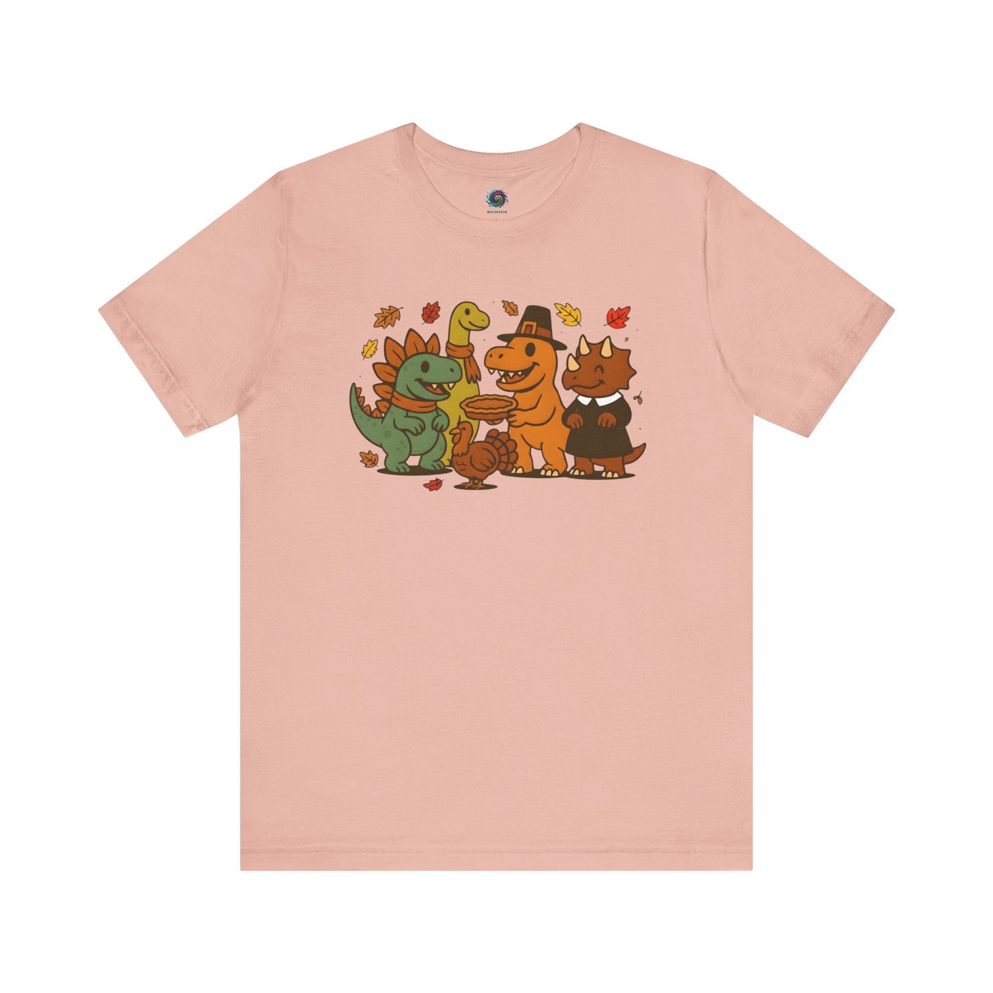 Thanksgiving Dinosaur T-Shirt – Funny Dino Thanksgiving Tee in light peach, featuring festive dinosaurs enjoying Thanksgiving pie and turkey.