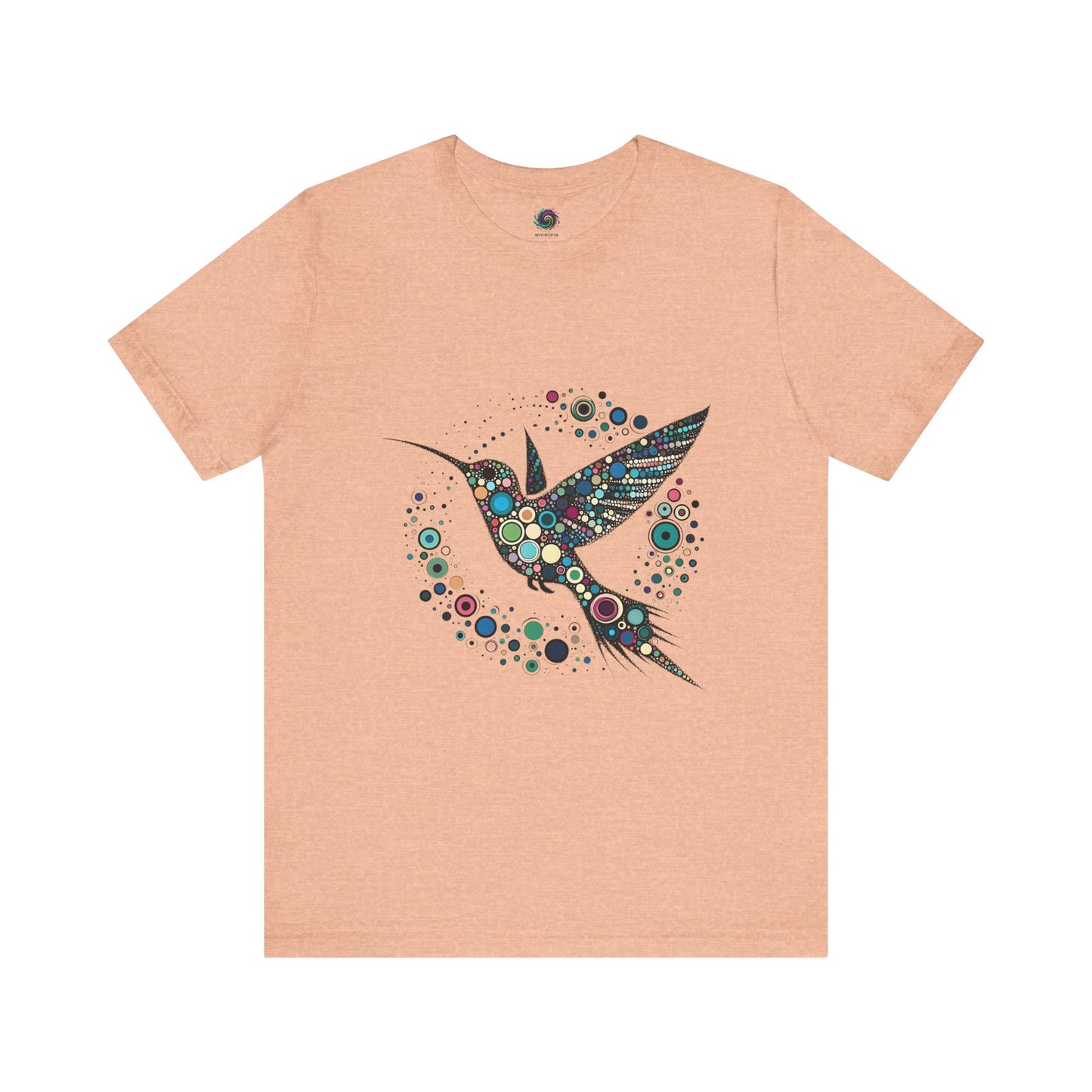 Hummingbird Dot Art T-Shirt – Colorful Nature-Inspired Graphic Tee in soft peach hue, featuring vibrant dot work of hummingbird for art and nature lovers.
