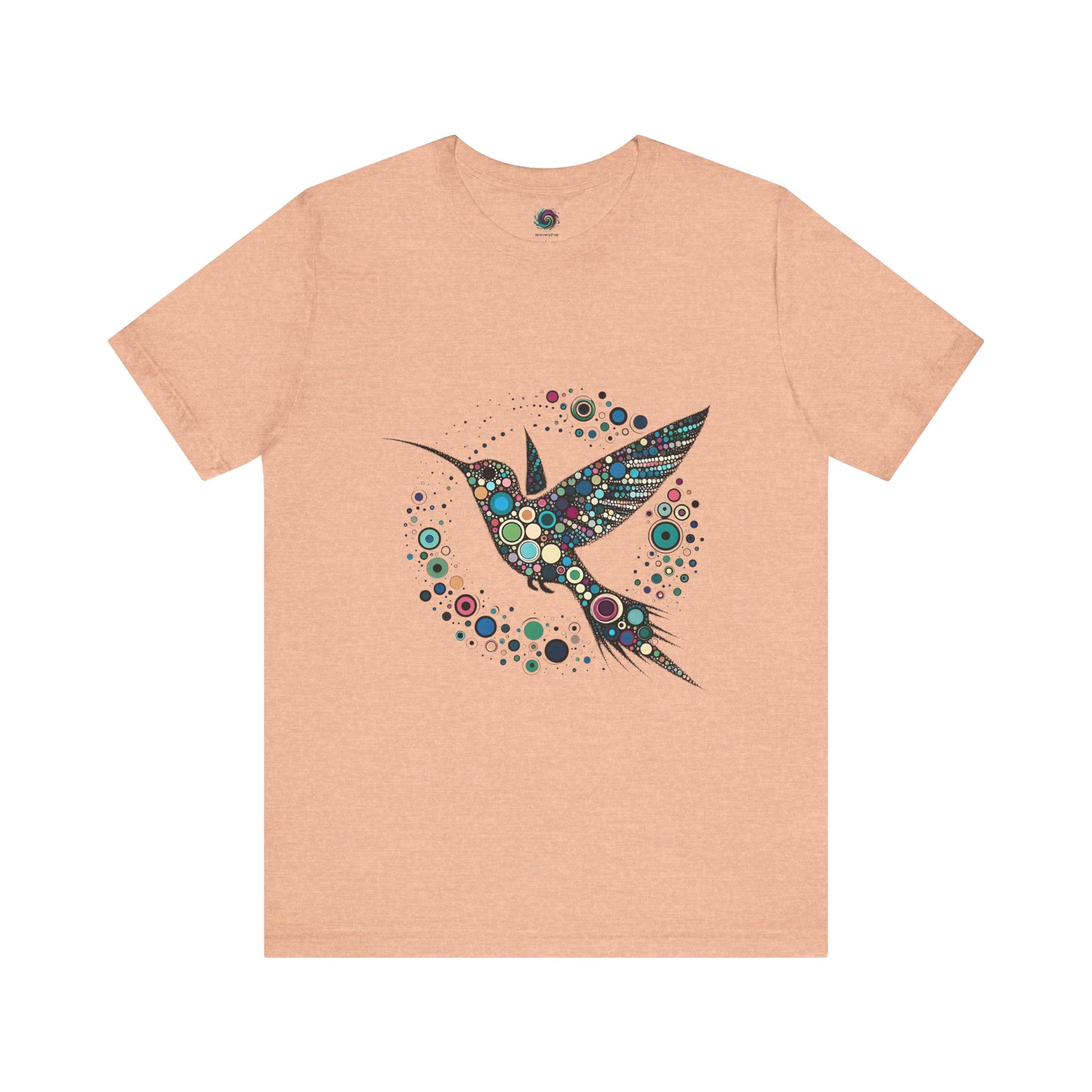 Hummingbird Dot Art T-Shirt – Colorful Nature-Inspired Graphic Tee in soft peach hue, featuring vibrant dot work of hummingbird for art and nature lovers.