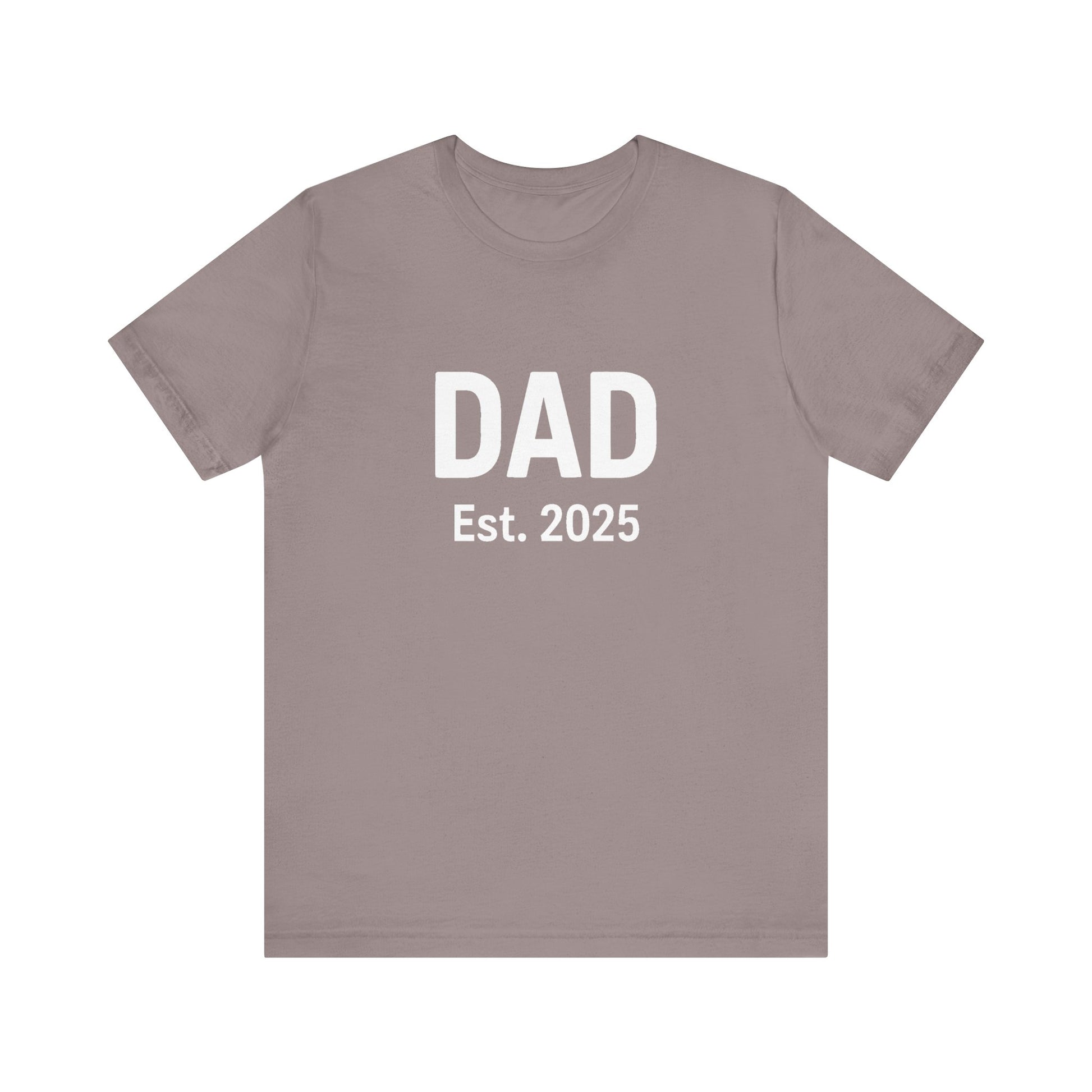 Dad Est. 2025 T-Shirt – New Dad Shirt, First Father’s Day Gift, Pregnancy Announcement Tee in pebble brown flat lay with rustic tones