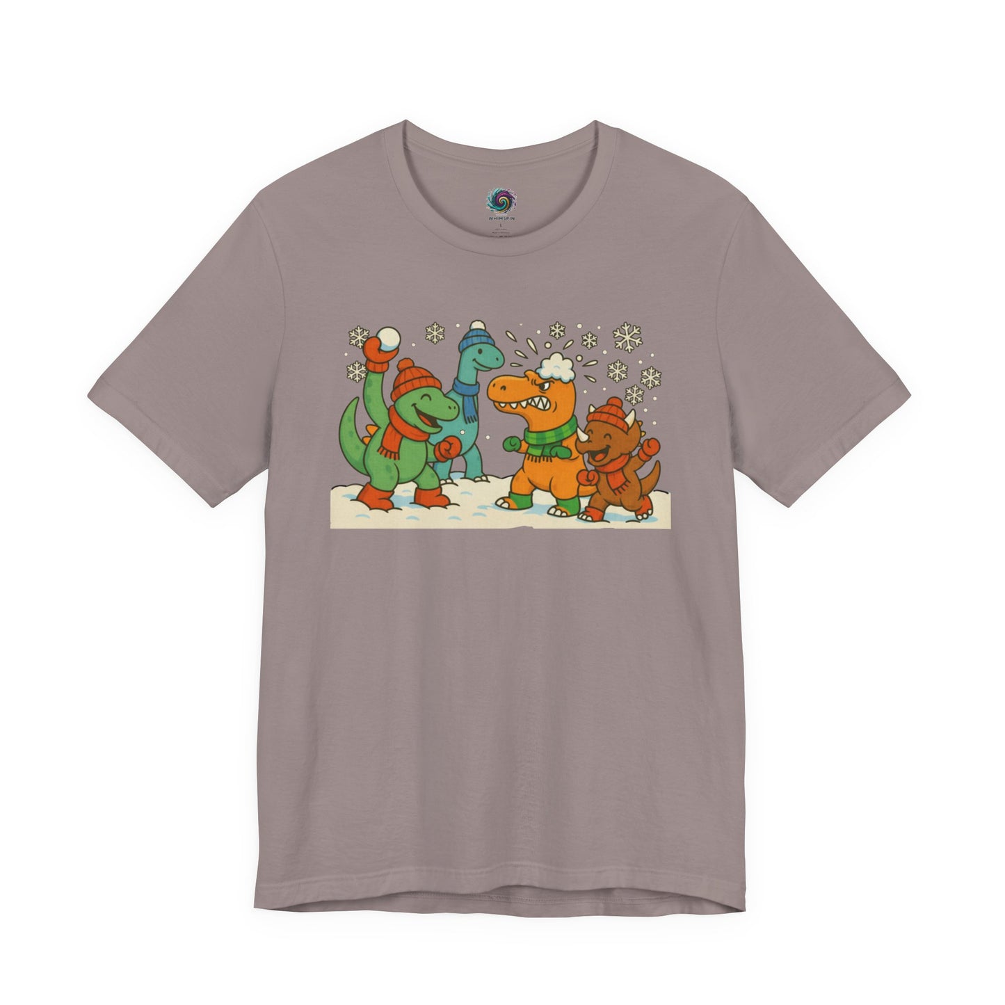 the Dinosaur Snowball Fight T-Shirt – Funny Winter Dino Graphic Tee in Pebble Brown, showing the winter dino snowball fight scene clearly.