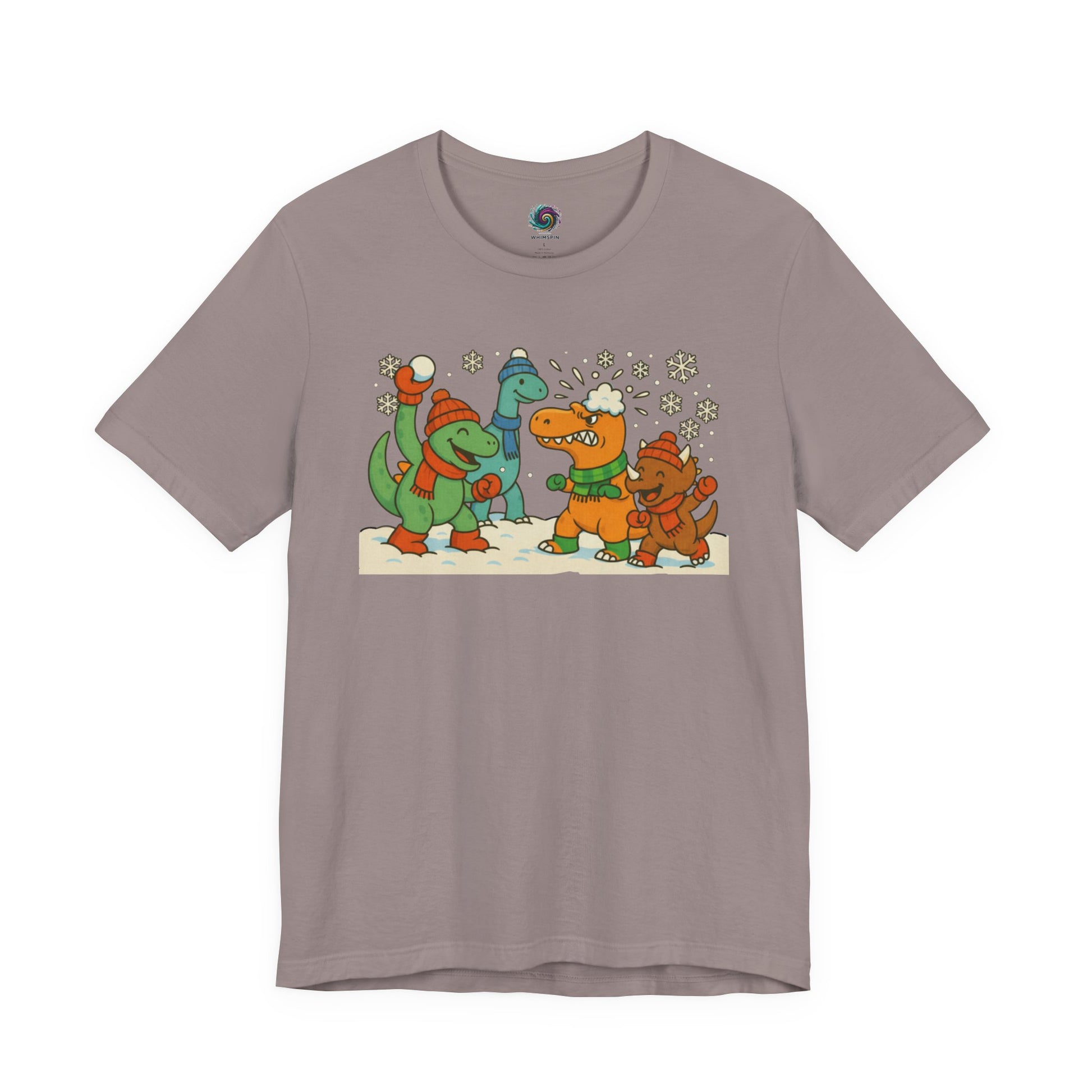 the Dinosaur Snowball Fight T-Shirt – Funny Winter Dino Graphic Tee in Pebble Brown, showing the winter dino snowball fight scene clearly.