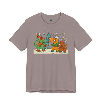 the Dinosaur Snowball Fight T-Shirt – Funny Winter Dino Graphic Tee in Pebble Brown, showing the winter dino snowball fight scene clearly.