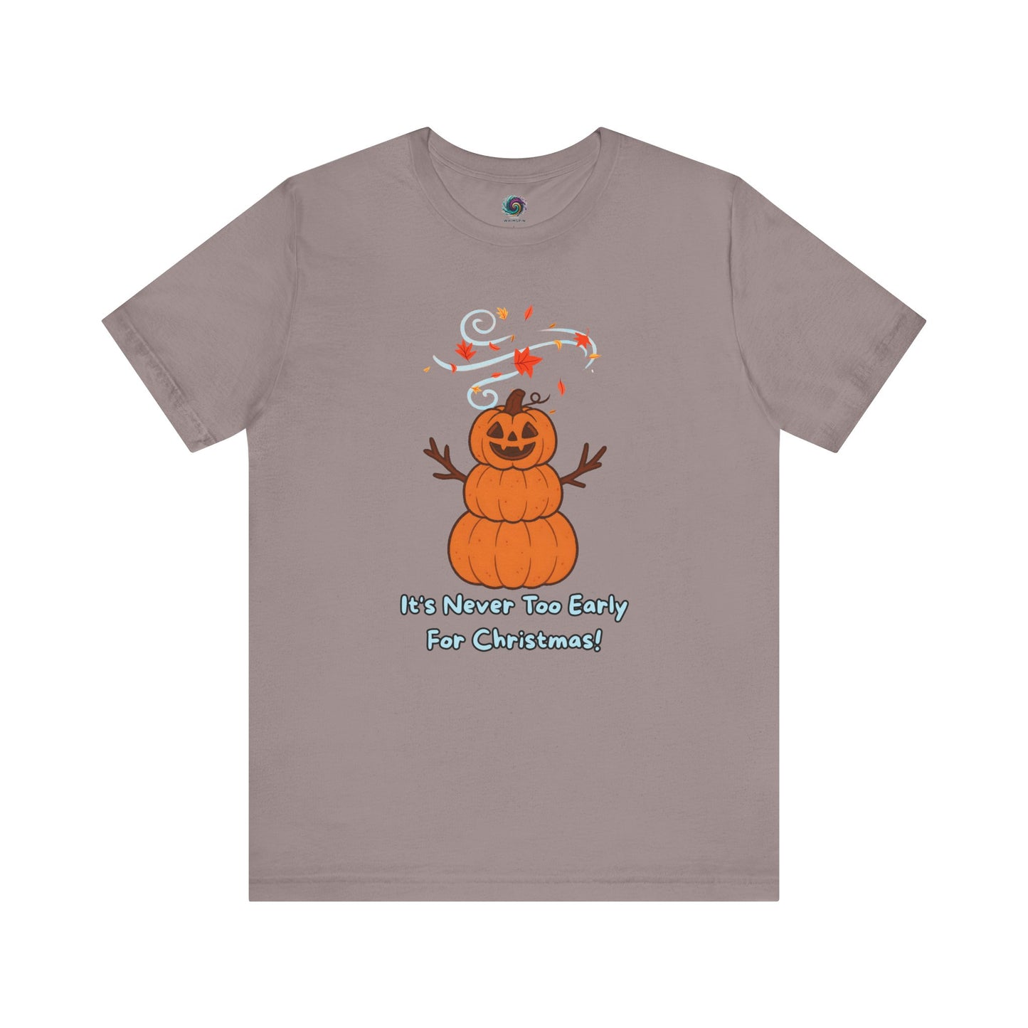 Pumpkin Snowman T-Shirt – It’s Never Too Early for Christmas in pebble brown, seasonal mashup tee with pumpkin snowman print.