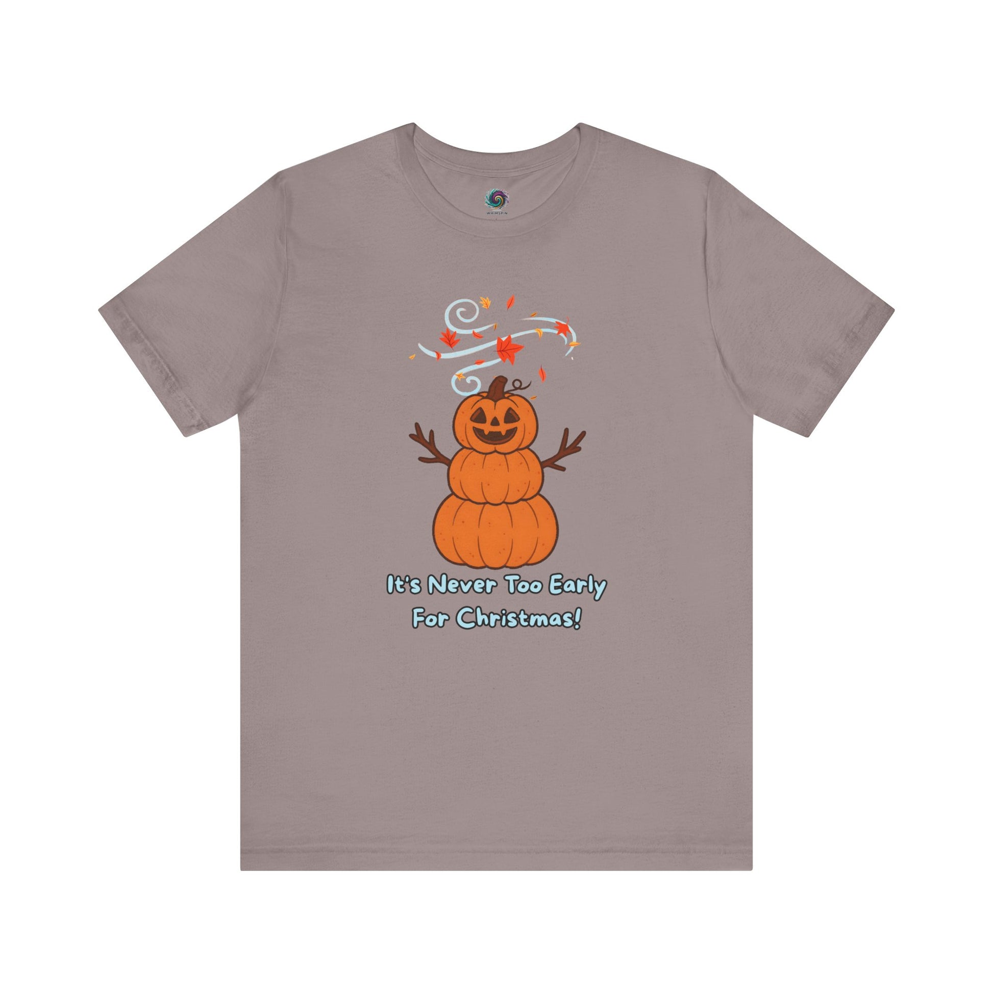 Pumpkin Snowman T-Shirt – It’s Never Too Early for Christmas in pebble brown, seasonal mashup tee with pumpkin snowman print.