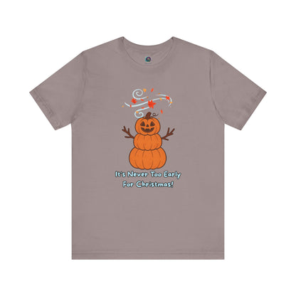 Pumpkin Snowman T-Shirt – It’s Never Too Early for Christmas in pebble brown, seasonal mashup tee with pumpkin snowman print.