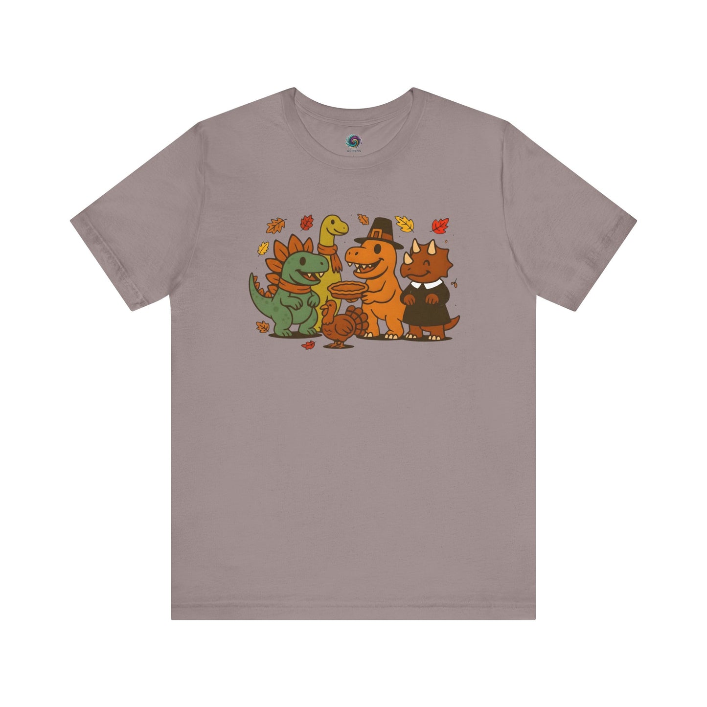 Thanksgiving Dinosaur T-Shirt – Funny Dino Thanksgiving Tee in earthy pebble brown, featuring adorable dinosaurs and a turkey in autumn tones.