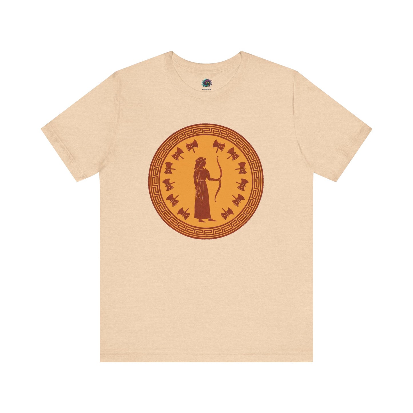 Heather sand dune color flat lay shirt of Queen Penelope design, Greek mythology and literary homage.