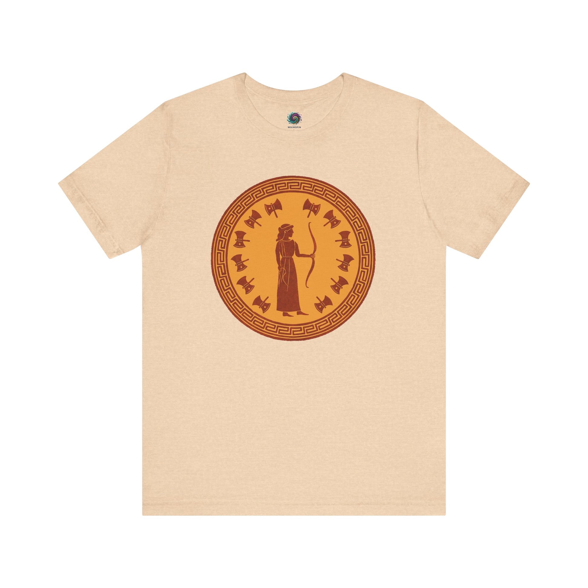 Heather sand dune color flat lay shirt of Queen Penelope design, Greek mythology and literary homage.