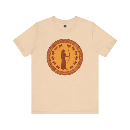 Heather sand dune color flat lay shirt of Queen Penelope design, Greek mythology and literary homage.