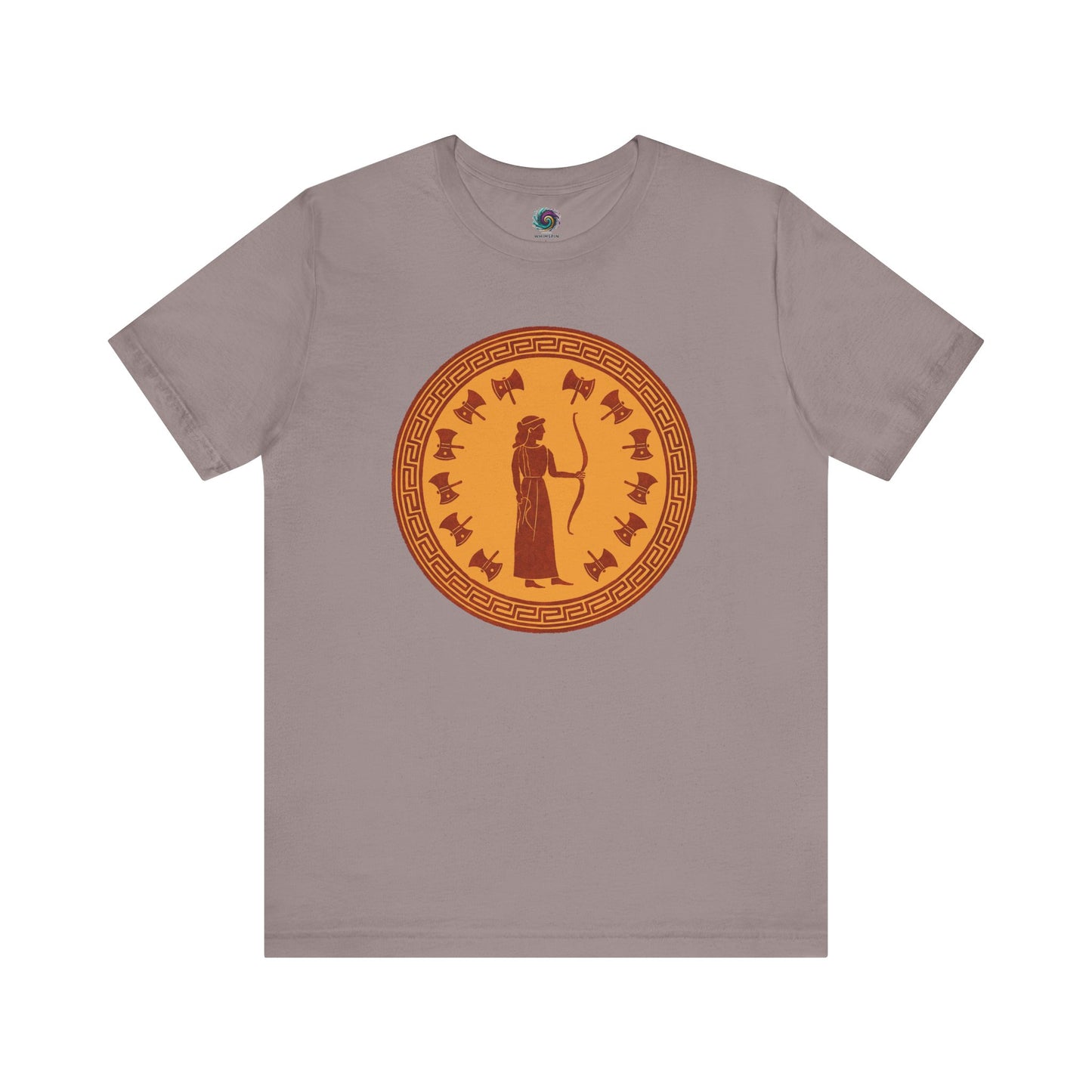 Pebble brown Penelope Queen of Ithaca tee in flat lay, ancient Greek inspired shirt with mythology illustration.