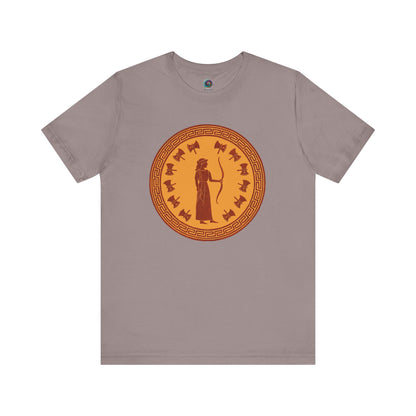 Pebble brown Penelope Queen of Ithaca tee in flat lay, ancient Greek inspired shirt with mythology illustration.