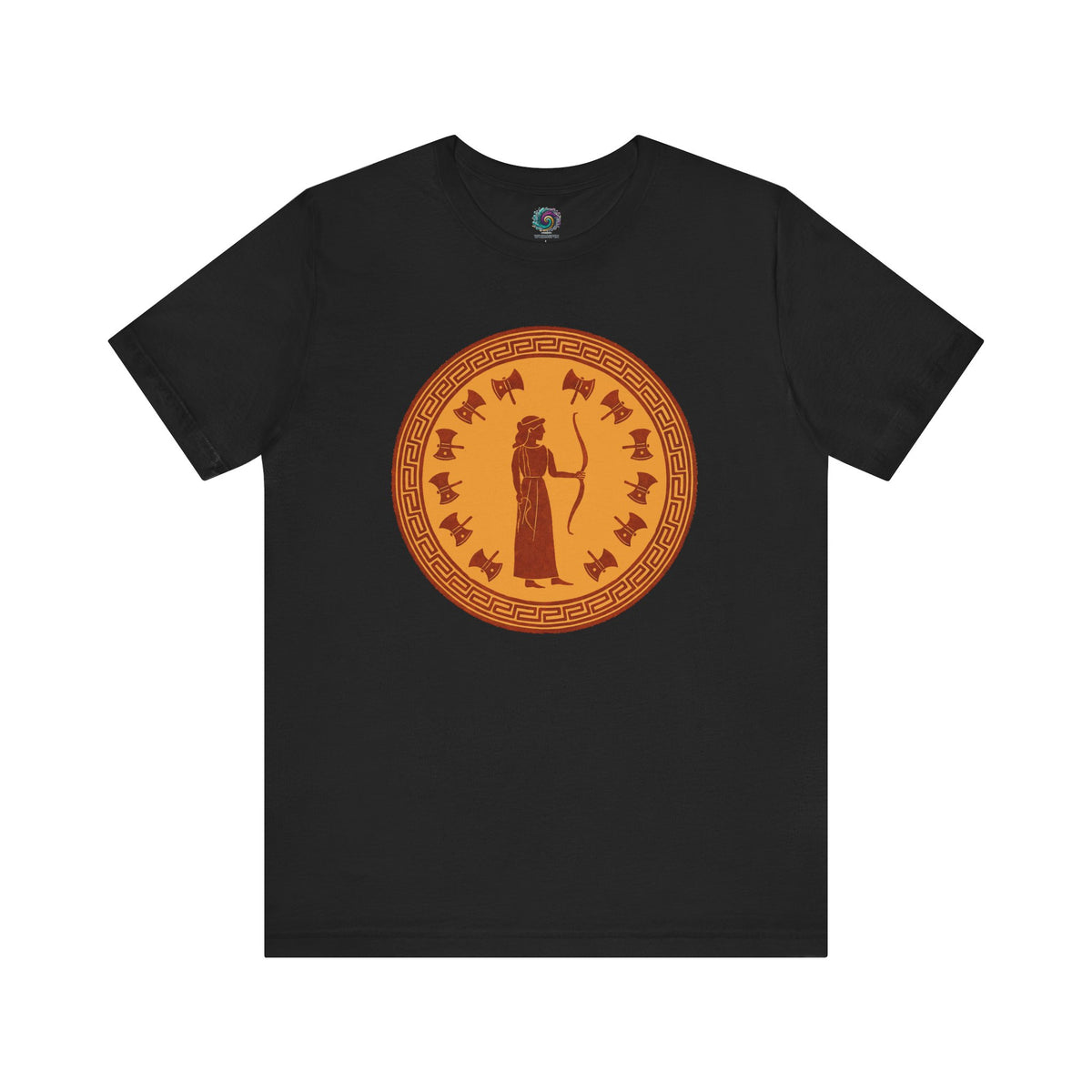 Flat lay of black Queen Penelope shirt featuring Greek mythology design and literary tribute to Penelope, Queen of Ithaca.