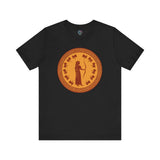 Flat lay of black Queen Penelope shirt featuring Greek mythology design and literary tribute to Penelope, Queen of Ithaca.