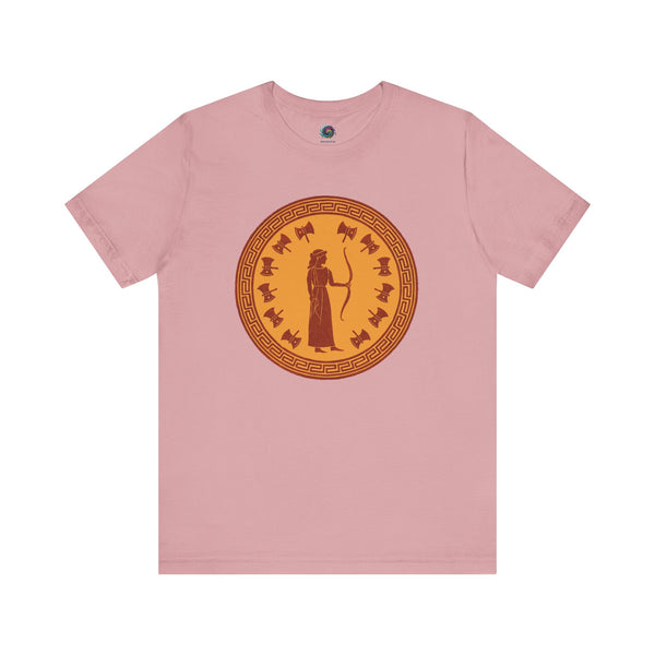 Orchid color flat lay Penelope t shirt showcasing Penelope Queen of Ithaca artwork in classical styling.
