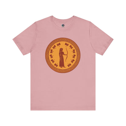 Orchid color flat lay Penelope t shirt showcasing Penelope Queen of Ithaca artwork in classical styling.