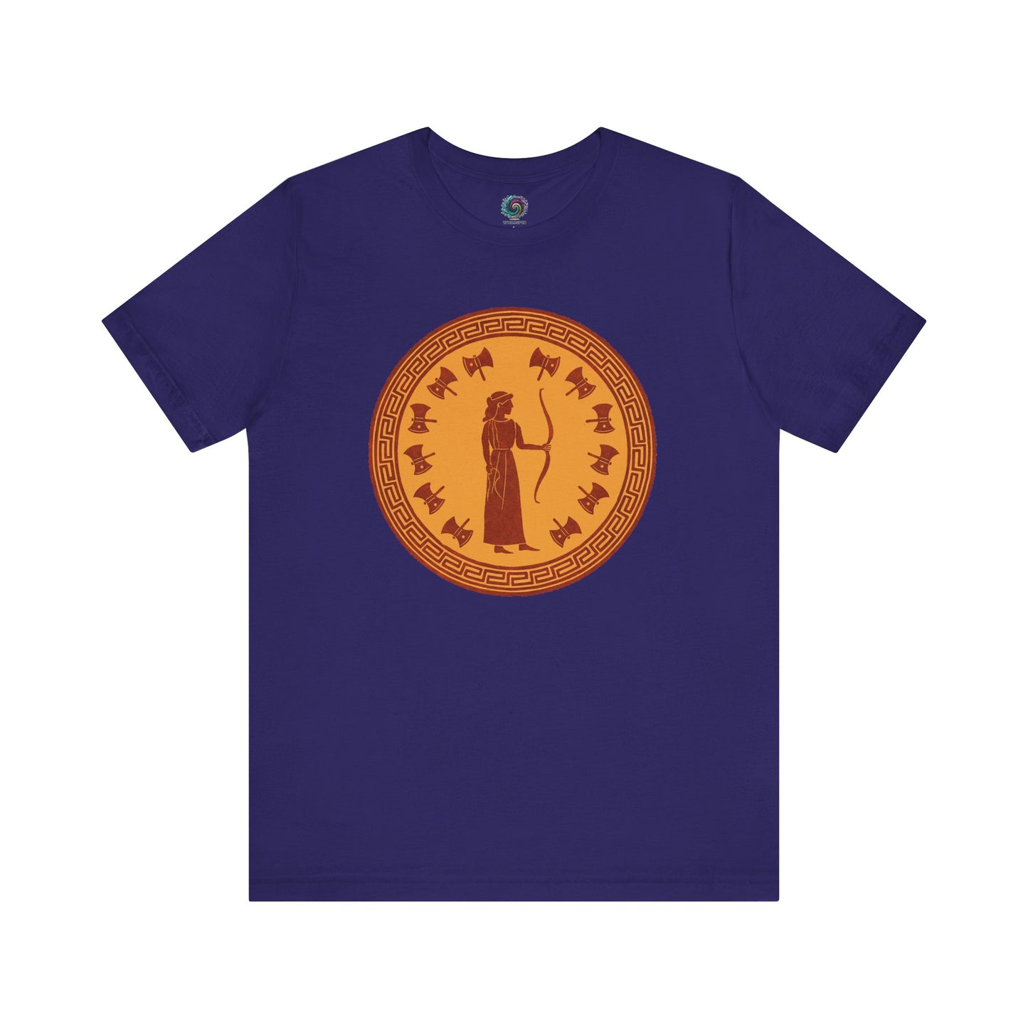 Flat lay of team navy Penelope shirt, with classic Greek border and bow-wielding Queen Penelope at center.