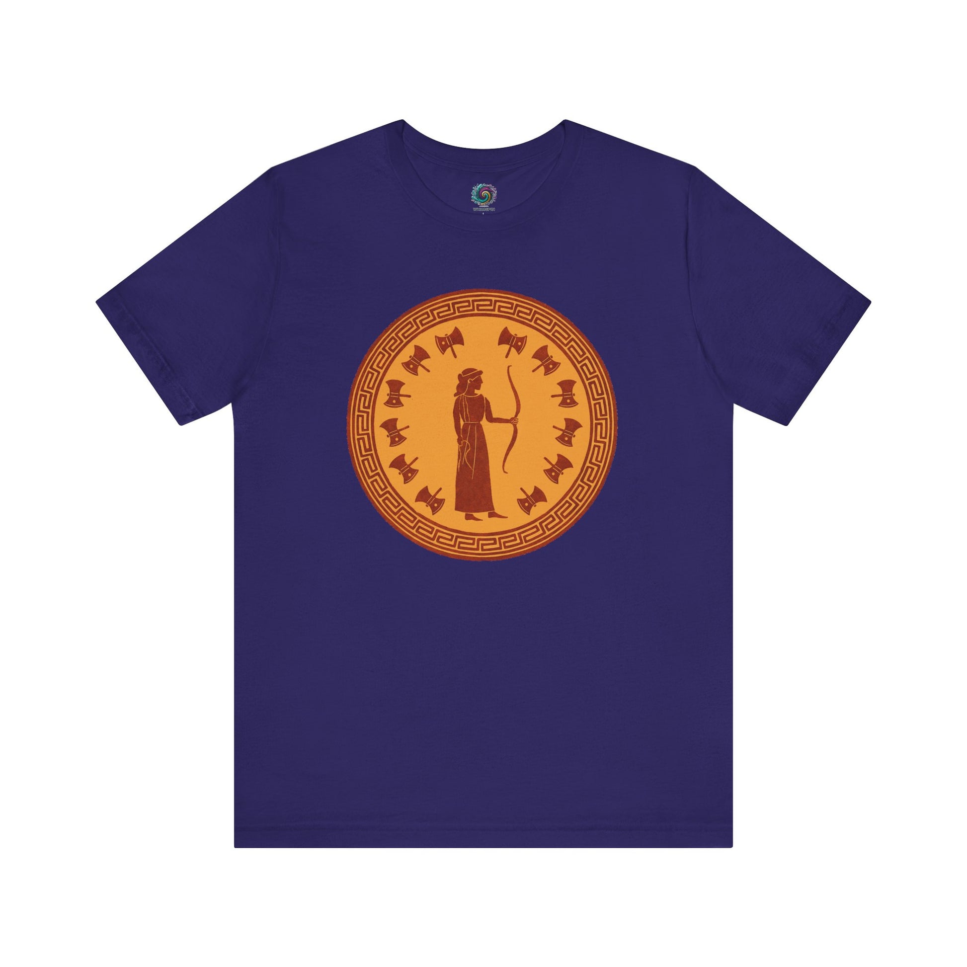 Flat lay of team navy Penelope shirt, with classic Greek border and bow-wielding Queen Penelope at center.