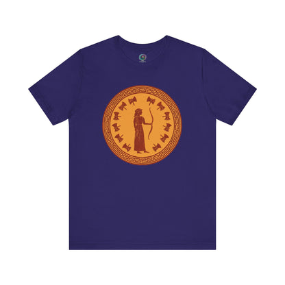 Flat lay of team navy Penelope shirt, with classic Greek border and bow-wielding Queen Penelope at center.