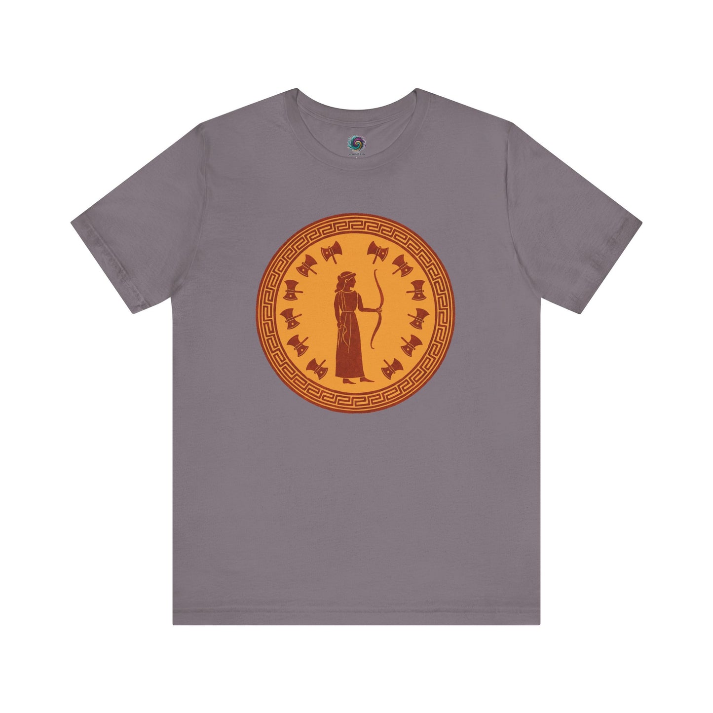 Storm gray flat lay image of Penelope shirt with a golden circular Greek pattern and Penelope graphic.