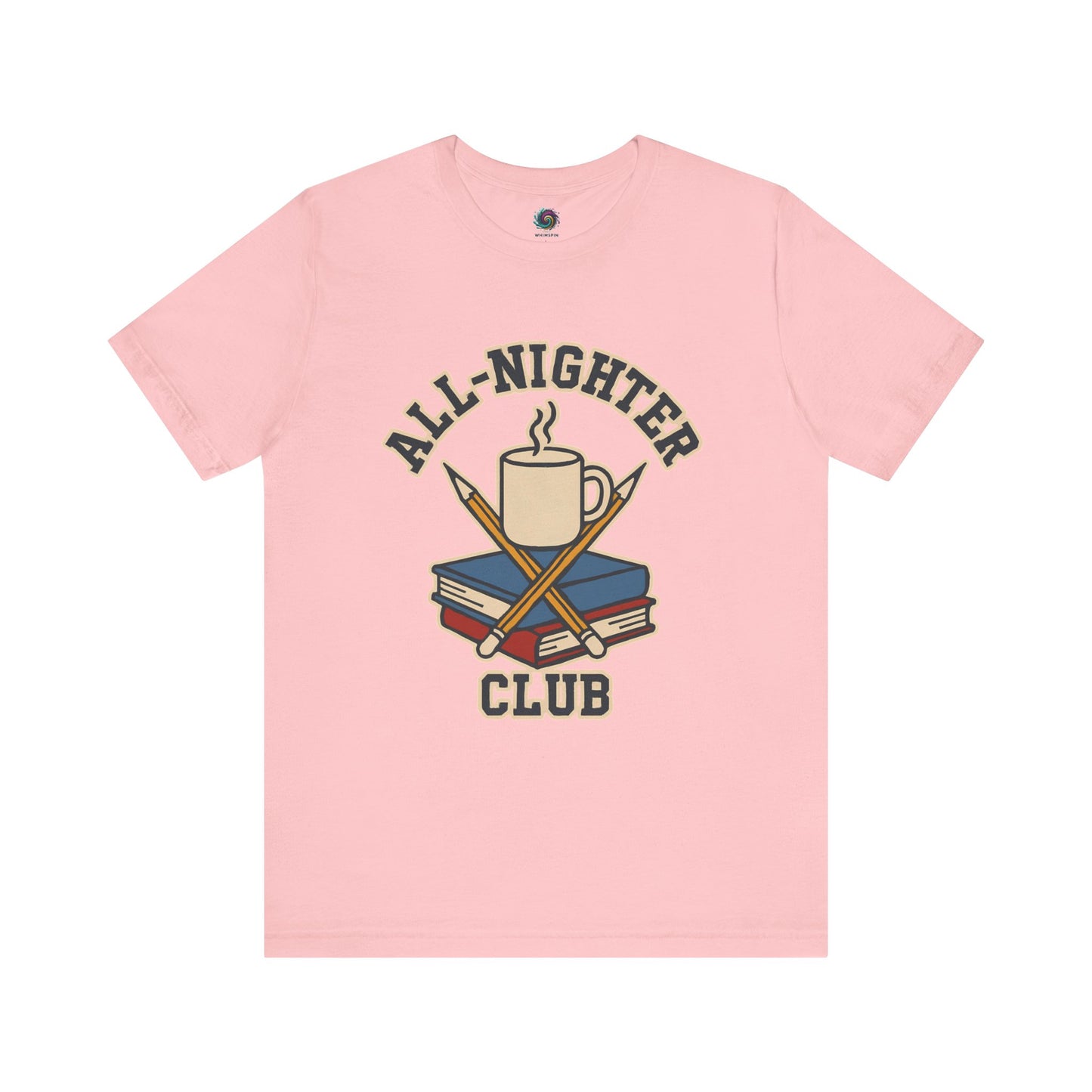 a Pink t-shirt with 'All-Nighter Club' graphic design featuring a coffee cup, books, and crossed sticks on a white background. All-Nighter Club T-Shirt – Funny Caffeine & Study Tee for Night Owls
