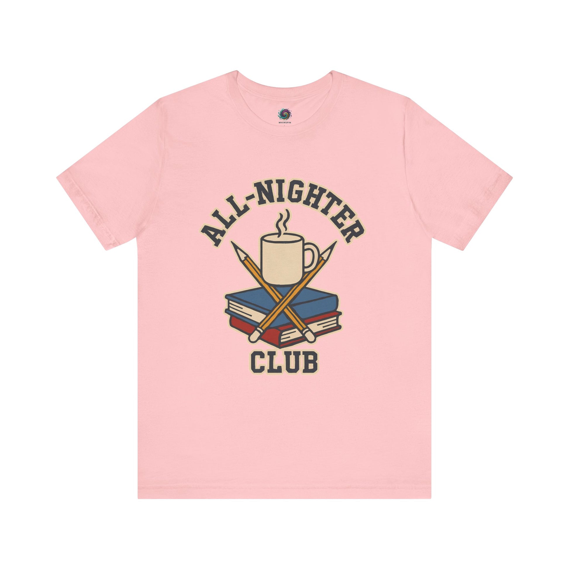 a Pink t-shirt with 'All-Nighter Club' graphic design featuring a coffee cup, books, and crossed sticks on a white background. All-Nighter Club T-Shirt – Funny Caffeine & Study Tee for Night Owls