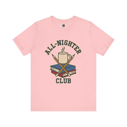 a Pink t-shirt with 'All-Nighter Club' graphic design featuring a coffee cup, books, and crossed sticks on a white background. All-Nighter Club T-Shirt – Funny Caffeine & Study Tee for Night Owls