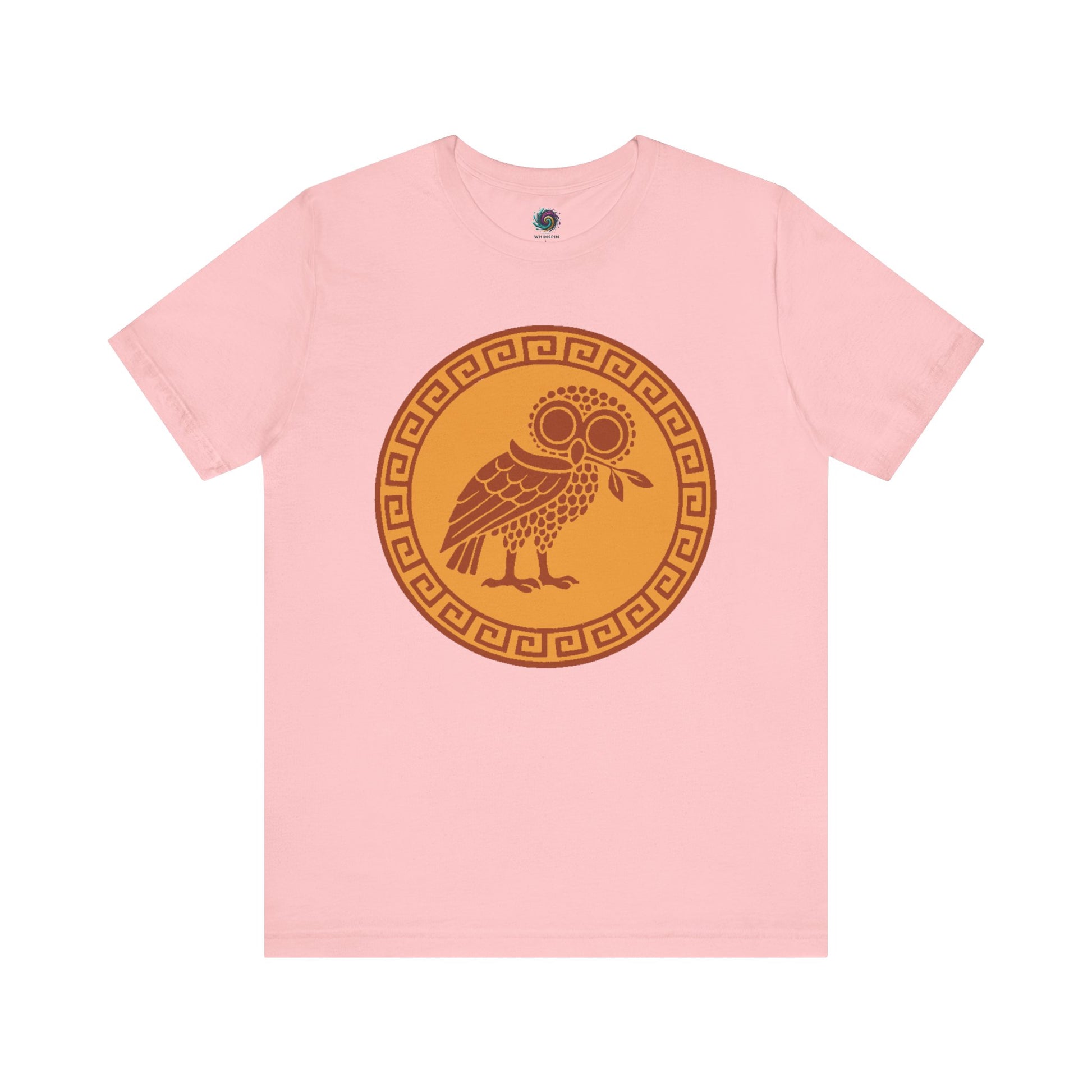 pink Athena’s Owl T-Shirt – Greek Mythology Bird Tee from WhimSpin on a white background