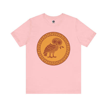 pink Athena’s Owl T-Shirt – Greek Mythology Bird Tee from WhimSpin on a white background