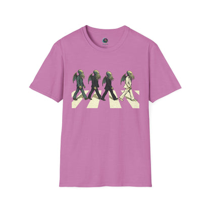 Pink Cthulhu Crossing T-Shirt – Beatles Abbey Road Parody Tee | WhimSpin - WhimSpin - https://whimspin.com