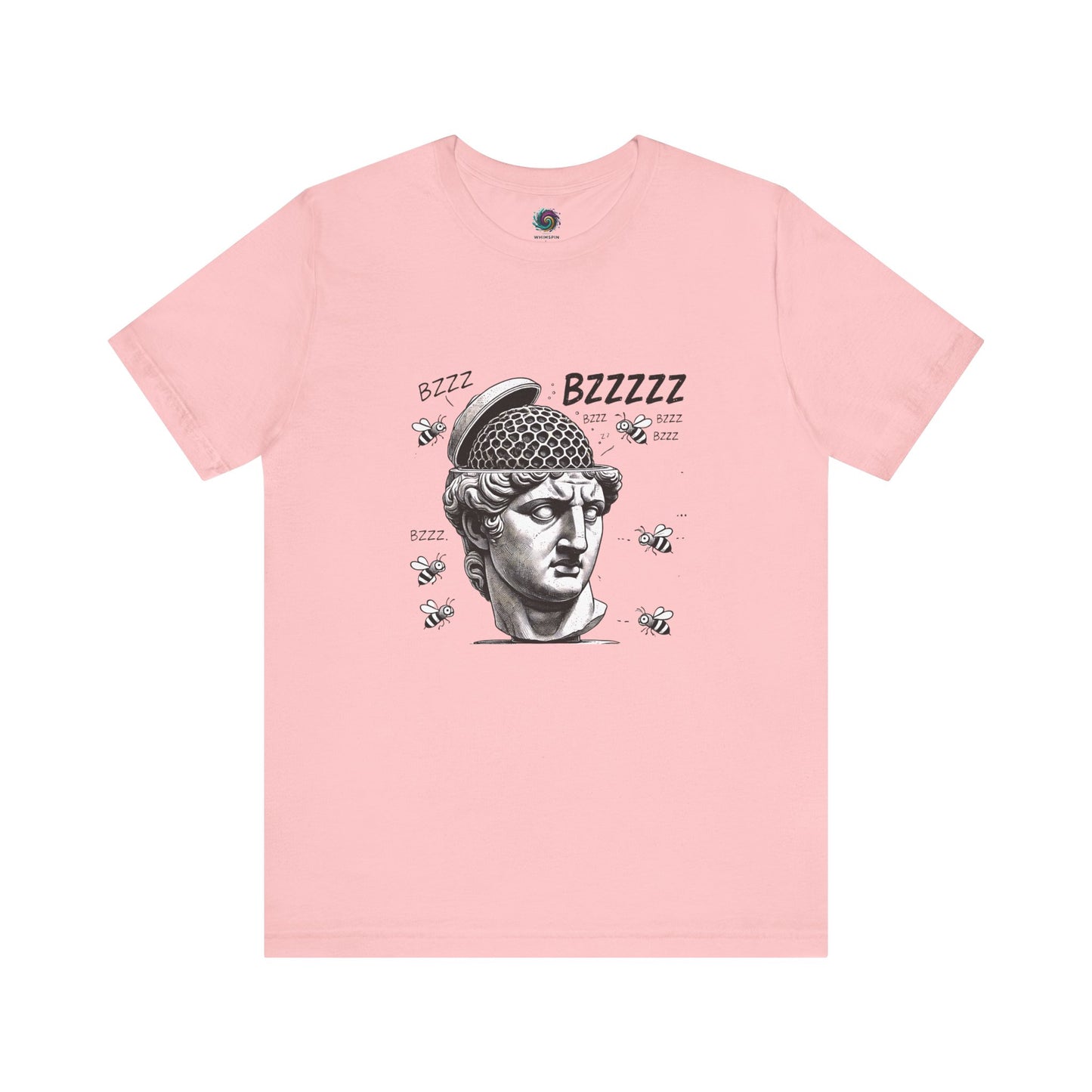 Hive Mind T-Shirt – Surreal Bee Group Think Parody Tee flat lay in Pink
