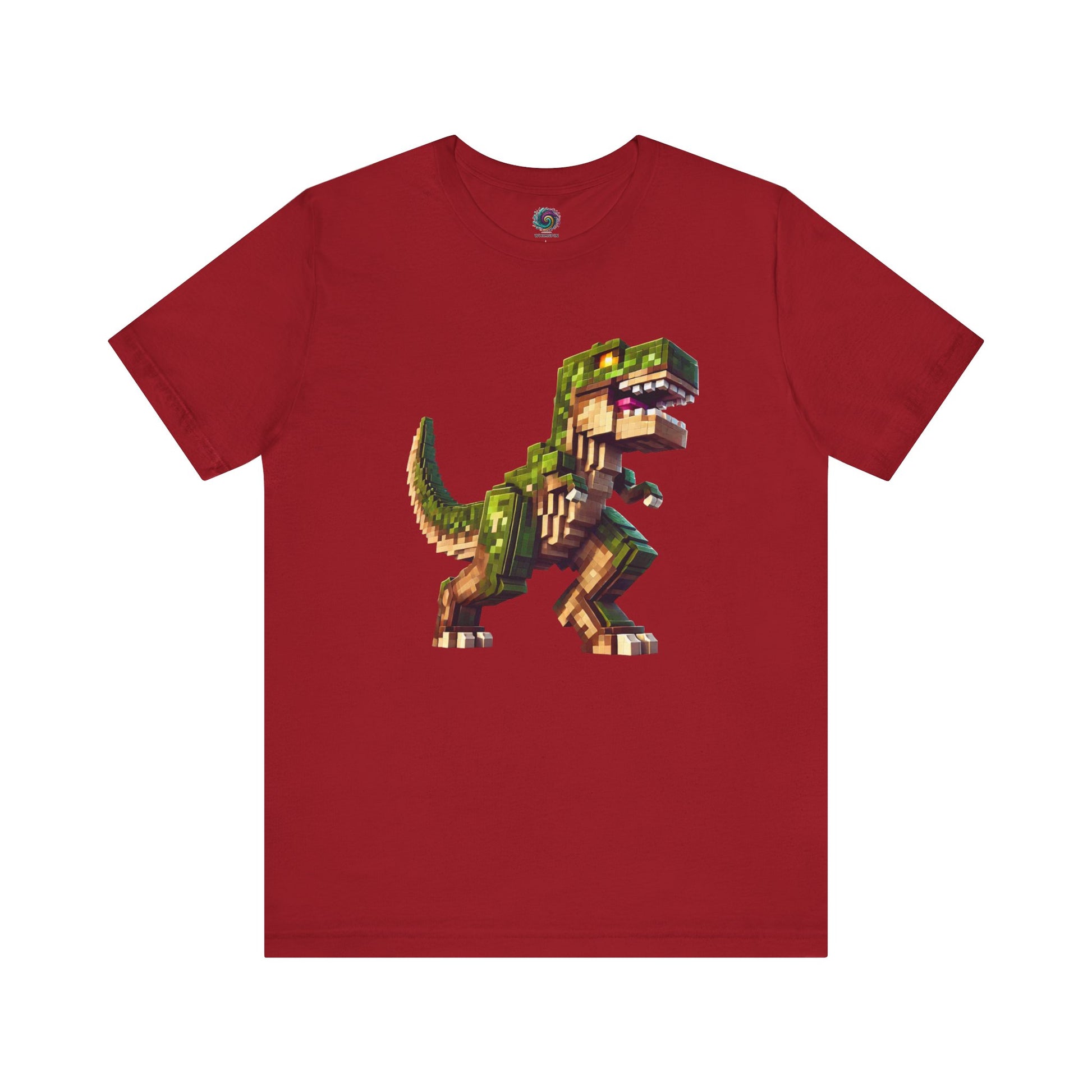 Pixel Dinosaur Graphic T-Shirt – Retro Unisex Tee for Adult Dino Fans in canvas red, bold pixel-style T-Rex artwork.