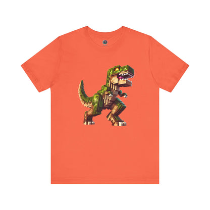 Pixel Dinosaur Graphic T-Shirt – Retro Unisex Tee for Adult Dino Fans in vibrant coral, with retro pixelated dino graphic.