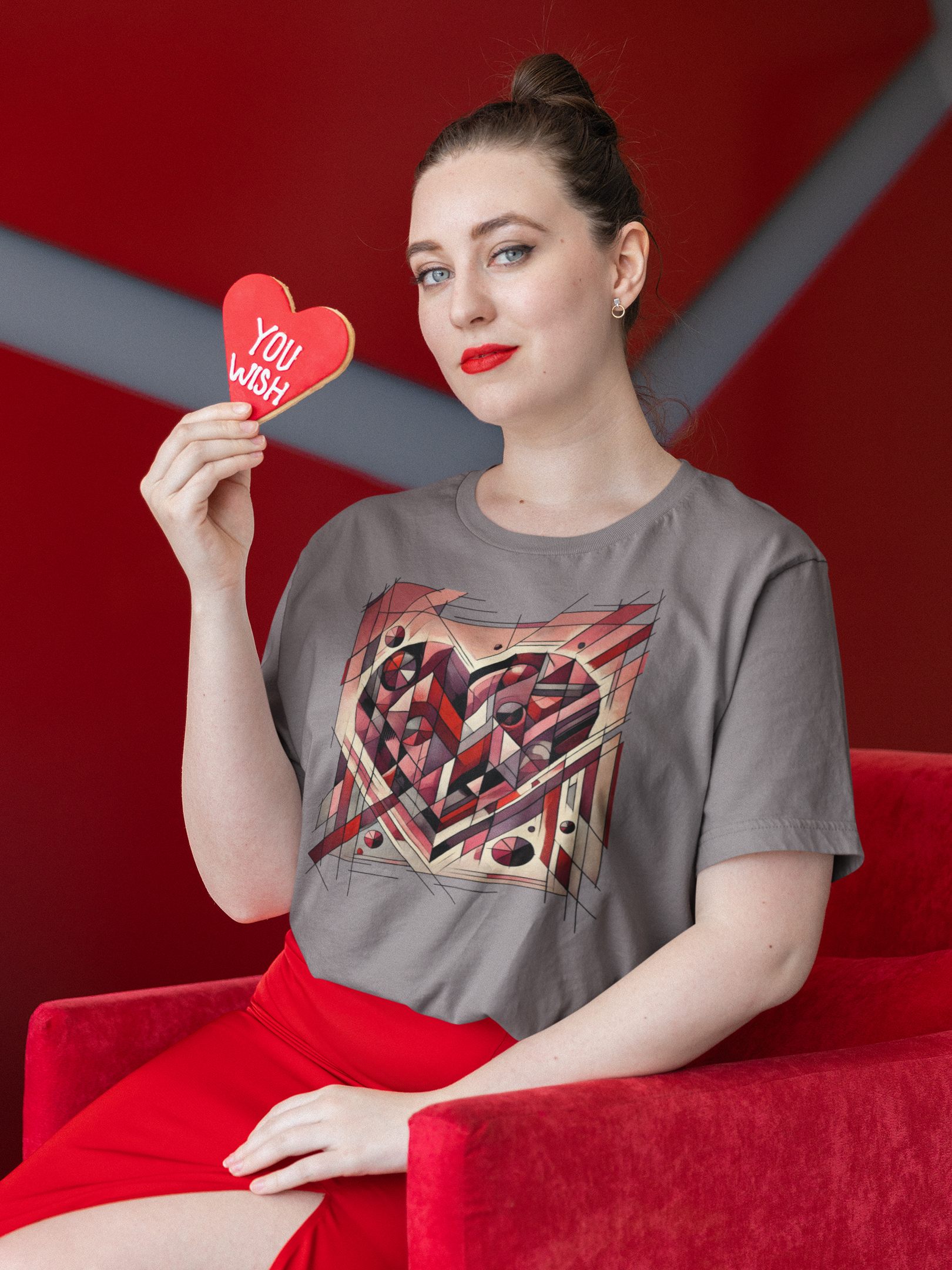 Cubist Heart T-Shirt – Modern Art Valentine's Day Graphic Tee captured in a joyful pose, highlighting a cubist heart design that reimagines modern art valentine themes.