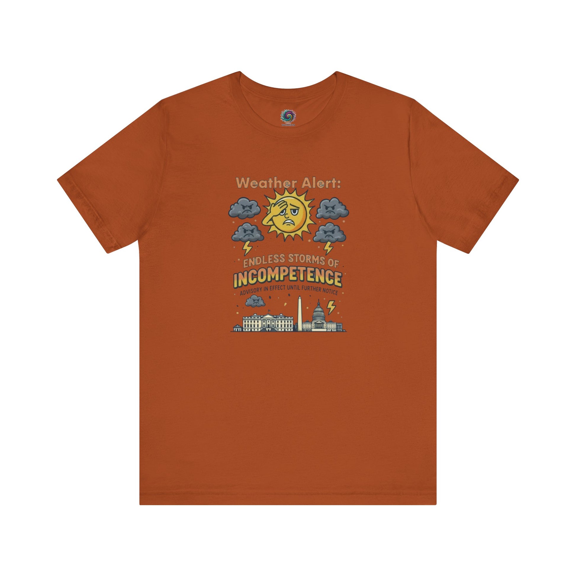 Weather Alert: Endless Storms of Incompetence Political Satire T-Shirt in autumn orange. Funny political tee with stormy skies and cartoon government buildings.